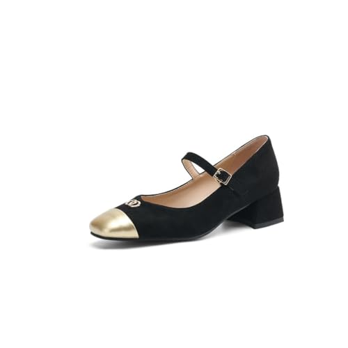 Damen Retro Mary Jane Pumps Mit Eckiger Spitze Wildlederoberteil Goldbeschichteter Schnallenriemen Niedrige Blockabsätze Slipper Büroschuhe,Schwarz,40 EU von Generic