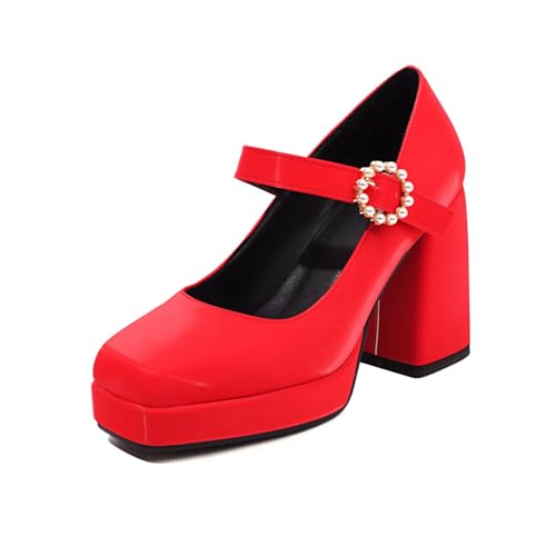 Damen Retro Mary Jane Pumps Mit Quadratischer Geschlossener Spitze Obermaterial Aus PU Leder Perlen-Schnallenriemen Hohe Blockabsätze Plateau Slipper Abend,Rot,35 EU von Generic