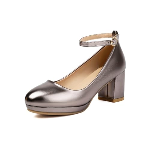 Damen Retro Mary Jane Pumps Mit Rundem Zehenbereich Aus Metallic-Leder Knöchelriemen Mit Schnalle Mittlere Blockabsätze Slip-On Elegante Abendschuhe,Grau,38.5 EU von Generic