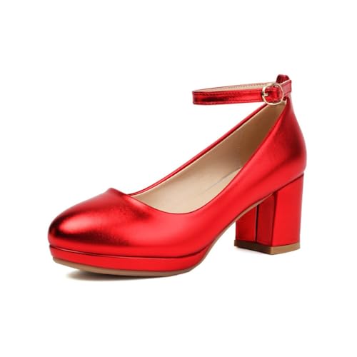 Damen Retro Mary Jane Pumps Mit Rundem Zehenbereich Aus Metallic-Leder Knöchelriemen Mit Schnalle Mittlere Blockabsätze Slip-On Elegante Abendschuhe,Rot,34 EU von Generic