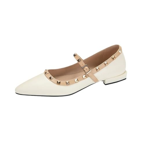 Damen Retro Mary Janes Mit Spitzem Zeh Nieten Knöchelriemen Quadratische Schnalle Robustes Wildleder Obermaterial Bequeme Niedrige Blockabsätze Freizeit Büro Schuhe,Weiß,36 EU von Generic