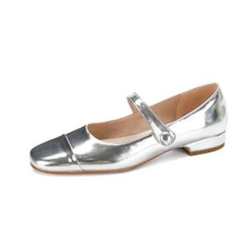 Damen Retro Mary Janes Quadratische Geschlossene Spitze Metall Tweed Obermaterial Knöchelriemen Flats Mit Schnalle Slip On Alltag Party Schuhe,Silber,42.5 EU von Generic