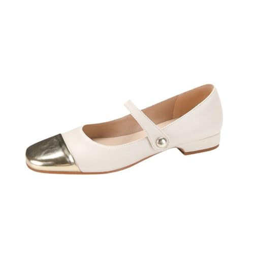 Damen Retro Mary Janes Quadratische Geschlossene Spitze Metall Tweed Obermaterial Knöchelriemen Flats Mit Schnalle Slip On Alltag Party Schuhe,Weiß,35 EU von Generic
