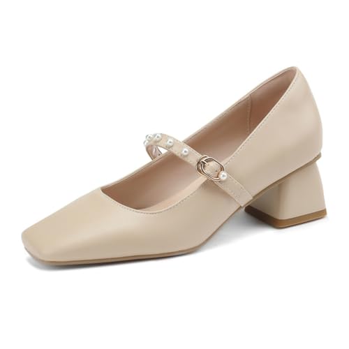 Damen Retro Perlenverzierte Leder Mary Janes Quadrat Geschlossene Zehe Pumps Niedrige Chunky Blockabsätze Schnallenriemen Abendkleid Party Büroschuhe,Apricot,38 EU von Generic