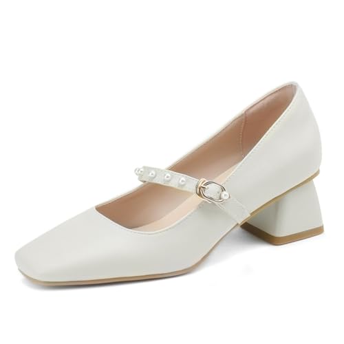 Damen Retro Perlenverzierte Leder Mary Janes Quadrat Geschlossene Zehe Pumps Niedrige Chunky Blockabsätze Schnallenriemen Abendkleid Party Büroschuhe,Beige,40 EU von Generic