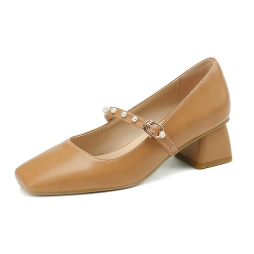 Damen Retro Perlenverzierte Leder Mary Janes Quadrat Geschlossene Zehe Pumps Niedrige Chunky Blockabsätze Schnallenriemen Abendkleid Party Büroschuhe,Braun,37 EU von Generic