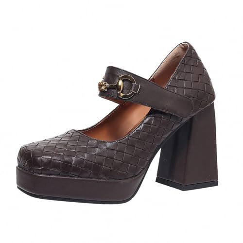 Damen Retro Quadrat Zehen Geflochtenes Leder Mary Jane Pumps Hohe Blockabsätze Knöchelriemen Mit Schnalle Abendkleid Party Büro Schuhe,Braun,42.5 EU von Generic