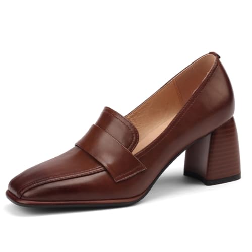 Damen Retro Quadratisch Geschlossene Zehe Leder Loafer Mittlere Blockabsätze Slip On Stilvolle Büroarbeit Täglich Freizeitschuhe,Braun,38 EU von Generic