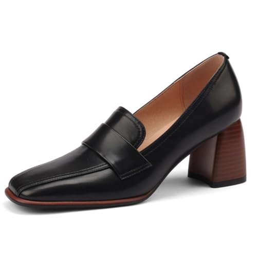 Damen Retro Quadratisch Geschlossene Zehe Leder Loafer Mittlere Blockabsätze Slip On Stilvolle Büroarbeit Täglich Freizeitschuhe,Schwarz,33 EU von Generic
