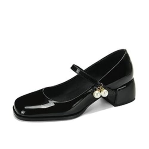 Damen Retro Quadratische Spitze Lackleder Mary Jane Flats Mit Knöchelriemen Perlen Verzierung Schnalle Niedriger Blockabsatz Freizeit Kleid Büro,Schwarz,38 EU von Generic
