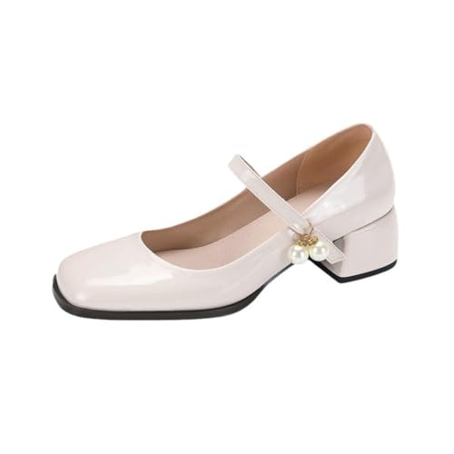 Damen Retro Quadratische Spitze Lackleder Mary Jane Flats Mit Knöchelriemen Perlen Verzierung Schnalle Niedriger Blockabsatz Freizeit Kleid Büro,Weiß,40 EU von Generic