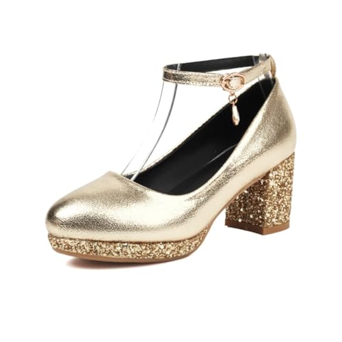 Damen Retro Runde Zehe Glitzer Mary Janes Mid Chunky Blockabsatz Knöchelriemen Kristall Charm Pumps Abendkleid Party Abschlussball Schuhe,Gold,38.5 EU von Generic