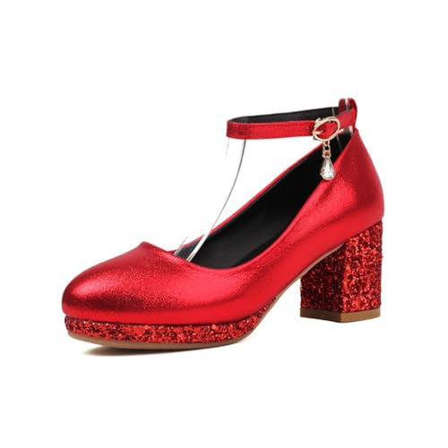 Damen Retro Runde Zehe Glitzer Mary Janes Mid Chunky Blockabsatz Knöchelriemen Kristall Charm Pumps Abendkleid Party Abschlussball Schuhe,Rot,36 EU von Generic