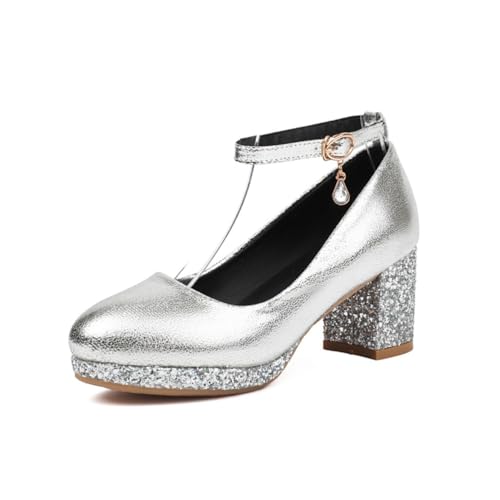 Damen Retro Runde Zehe Glitzer Mary Janes Mid Chunky Blockabsatz Knöchelriemen Kristall Charm Pumps Abendkleid Party Abschlussball Schuhe,Silber,36 EU von Generic