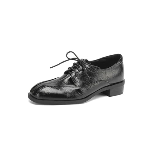 Damen Retro runde geschlossene Zehenpartie PU Leder Oxford Schuhe Bequeme niedrige klobige Blockabsätze Slip On Schnürschuhe Abendkleid Party Ballschuhe,Schwarz,40 EU von Generic