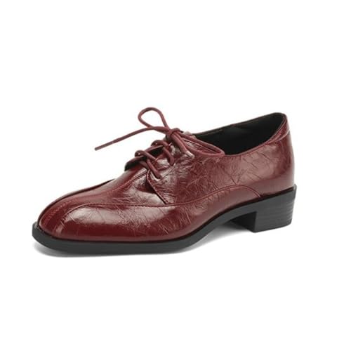 Damen Retro runde geschlossene Zehenpartie PU Leder Oxford Schuhe Bequeme niedrige klobige Blockabsätze Slip On Schnürschuhe Abendkleid Party Ballschuhe,Wine red,38.5 EU von Generic