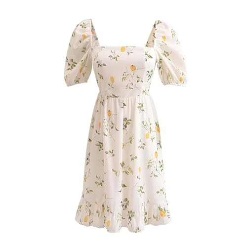 Damen-Retrokleid mit quadratischem Ausschnitt, Puffärmeln, Zitronen-Print und Rüschensaum-Cremeweiß-S Damen-Retrokleid mit quadratischem Ausschnitt, Puffärmeln, Zitronen-Print und Rüschensaum-Cremeweiß-S von Generic