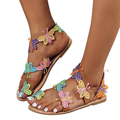 Damen Riemchen Flache Sandalen Böhmen Strandsandalen Elegante Lace Spitze Schmetterling Sommerschuhe Freizeit Vintage Zehe Ring Gladiator Sandalen Römische Schuhe Zehentrenner Komfortable von Generic