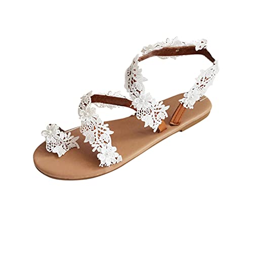 Damen Riemchen Flache Sandalen Böhmen Strandsandalen Elegante Lace Spitze Schmetterling Sommerschuhe Freizeit Vintage Zehe Ring Gladiator Sandalen Römische Schuhe Zehentrenner Komfortable von Generic