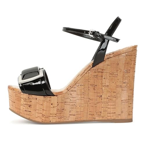 Damen-Riemchensandalen mit Keilabsatz schlicht sexy Knöchelriemen offener Zehenbereich hohe klobige Blocksandalen bequeme elegante sommerliche Plateau-Sandalen mit Schnalle,Schwarz,45 EU von Generic