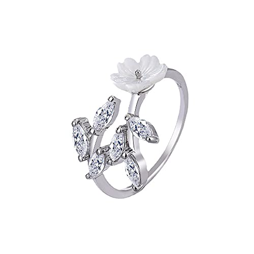 Damen Ringe 925 Silber Glitzer 3A Zirkonia mit Blumen Blatte Schlicht Mode Offen Fingerring Partnerring Trauringe Eheringe Verstellbar von Generic
