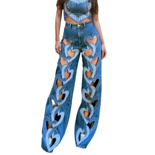 Damen Ripped Jeans Herz Ausschnitt Baggy Y2k Hohe Taille Gerade Weites Bein Sexy Denim Hosen (blau,XL) von Generic