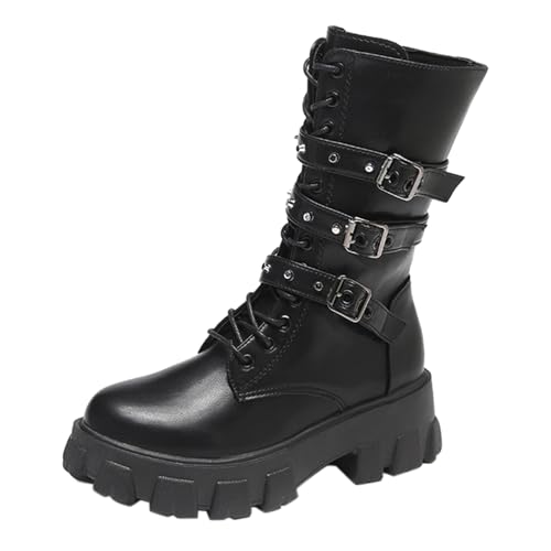 Damen Ritter Stiefel Chunky Heel 𝗟eder Stiefel Plattform Roune Toe Party Schuhe mit Reißverschluss Schnürung Up Gothic Punk 𝗡ieten Knöchelriemen Metall Schnalle Plattform Block Absatz (Black, 39) von Generic