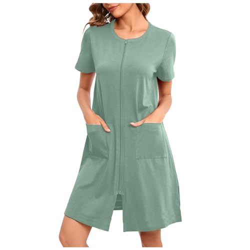 Damen Robe mit Reißverschluss vorne Kap uze Hauskleid Nachthemd Hausmantel Kapu zenpullover Langer Loungewear Bademantel Bademantel Reißverschluss kurz/Lange Ärmel Hausmantel (A-Light Green, M) von Generic