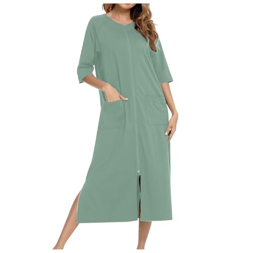Damen Robe mit Reißverschluss vorne Kap uze Hauskleid Nachthemd Hausmantel Kapu zenpullover Langer Loungewear Bademantel Bademantel Reißverschluss kurz/Lange Ärmel Hausmantel (B-Light Green, M) von Generic