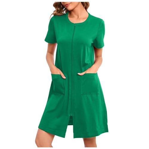 Damen Robe mit Reißverschluss vorne Kap uze Hauskleid Nachthemd Hausmantel Kapu zenpullover Langer Loungewear Bademantel Bademantel Reißverschluss kurz/Lange Ärmel Hausmantel weicher (A-Green, M) von Generic