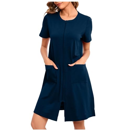 Damen Robe mit Reißverschluss vorne Kap uze Hauskleid Nachthemd Hausmantel Kapu zenpullover Langer Loungewear Bademantel Bademantel Reißverschluss kurz/Lange Ärmel Hausmantel weicher (A-Navy, L) von Generic