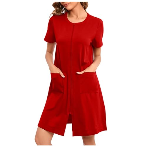 Damen Robe mit Reißverschluss vorne Kap uze Hauskleid Nachthemd Hausmantel Kapu zenpullover Langer Loungewear Bademantel Bademantel Reißverschluss kurz/Lange Ärmel Hausmantel weicher (A-Red, XL) von Generic