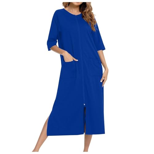 Damen Robe mit Reißverschluss vorne Kap uze Hauskleid Nachthemd Hausmantel Kapu zenpullover Langer Loungewear Bademantel Bademantel Reißverschluss kurz/Lange Ärmel Hausmantel weicher (B-Blue, XL) von Generic