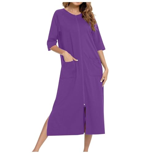 Damen Robe mit Reißverschluss vorne Kap uze Hauskleid Nachthemd Hausmantel Kapu zenpullover Langer Loungewear Bademantel Bademantel Reißverschluss kurz/Lange Ärmel Hausmantel weicher (B-Purple, XL) von Generic