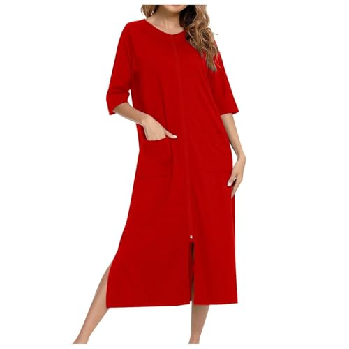 Damen Robe mit Reißverschluss vorne Kap uze Hauskleid Nachthemd Hausmantel Kapu zenpullover Langer Loungewear Bademantel Bademantel Reißverschluss kurz/Lange Ärmel Hausmantel weicher (B-Red, XXL) von Generic