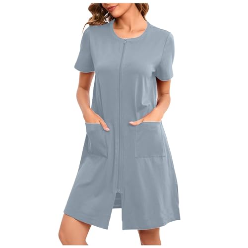 Damen Robe mit Reißverschluss vorne Kap uze Hauskleid Nachthemd Hausmantel Kapu zenpullover langer Loungewear Bademantel Bademantel Reißverschluss kurz/lange Ärmel Hausmantel weicher (A-Light Gray, L) von Generic