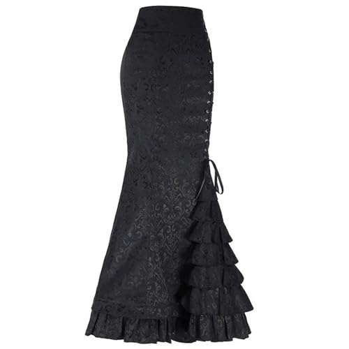 Damen-Rock, modisch, Punk-Stil, Retro-Jacquard-Meerjungfrauenrock, Halloween, Gothic, viktorianisch, Steampunk, lang, figurbetont, Rüschen, Fischschwanz, gestuft, Schwarzer Rock, S von Generic