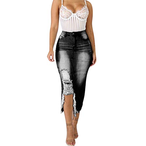 Damen Rock Elegant Maxirock Vintage Jeansrock Sexy Hüftrock Retro Jeans Rock Knielang Bleistift Stretch Röcke mit Schlitz Casual Freizeitrock Lang Hohe Taille Skirt Partyrock mit Fransen von Generic