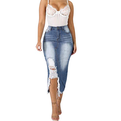 Damen Rock Elegant Maxirock Vintage Jeansrock Sexy Hüftrock Retro Jeans Rock Knielang Bleistift Stretch Röcke mit Schlitz Casual Freizeitrock Lang Hohe Taille Skirt Partyrock mit Fransen von Generic