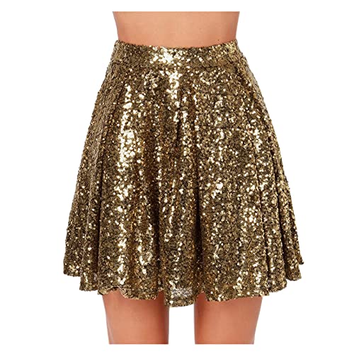 Damen Rock Kurze Metallischer Faltenrock Rock Glitzer Rave Party Hohe Taille Elastischer Plisseerock (Gold, L) von Generic