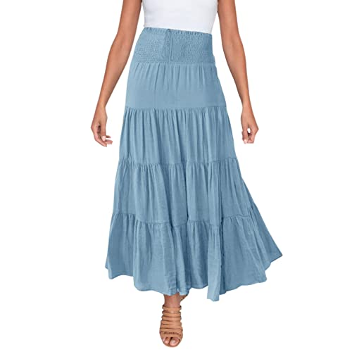 Damen Rock Lang Elastischer Hoher Taille Rock Boho Maxirock Einfarbiger Casual Sommerrock Faltenrock Langes Freizeitrock Elegante Strandrock A-Linie Skirts Sommer Röcke für Damen mit Kordelzug von Generic