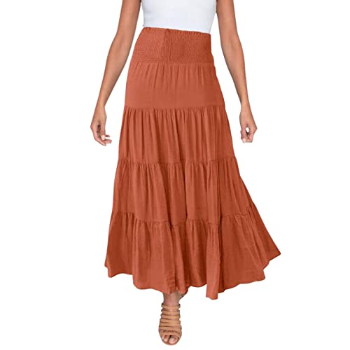 Damen Rock Lang Elastischer Hoher Taille Rock Boho Maxirock Einfarbiger Casual Sommerrock Faltenrock Langes Freizeitrock Elegante Strandrock A-Linie Skirts Sommer Röcke für Damen mit Kordelzug von Generic