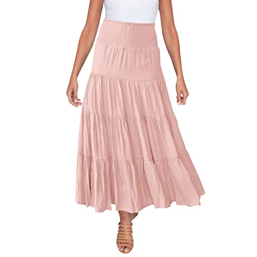 Damen Rock Lang Elastischer Hoher Taille Rock Boho Maxirock Einfarbiger Casual Sommerrock Faltenrock Langes Freizeitrock Elegante Strandrock A-Linie Skirts Sommer Röcke für Damen mit Kordelzug von Generic