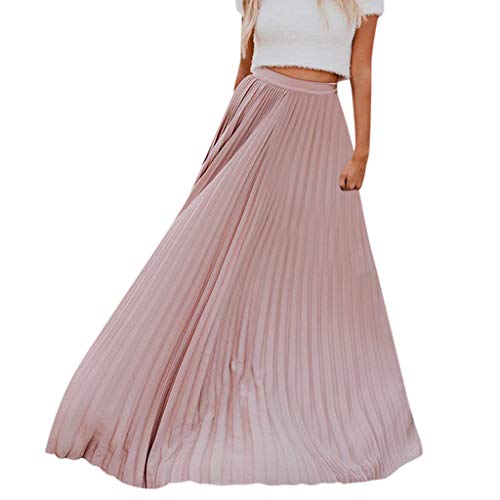 Damen Rock Lang Elegant Maxirock mit Gürtel A Linie Faltenrock Hoch Taille Midi Rock Frauen Mode Hohe Taille Falte Boden Vintage-Lse Beach Wickeln Sie Maxi-Langrock, Rosa, XL von Generic