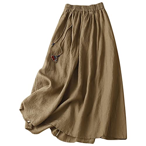 Damen Rock Lang Sommer Leinenrock Midirock A-Linie Rock Knielange Röcke Sommerrock Stretch Taille Strandrock Faltenrock Hohe Taille Röcke für Frauen Casual Skirts Khaki M von Generic