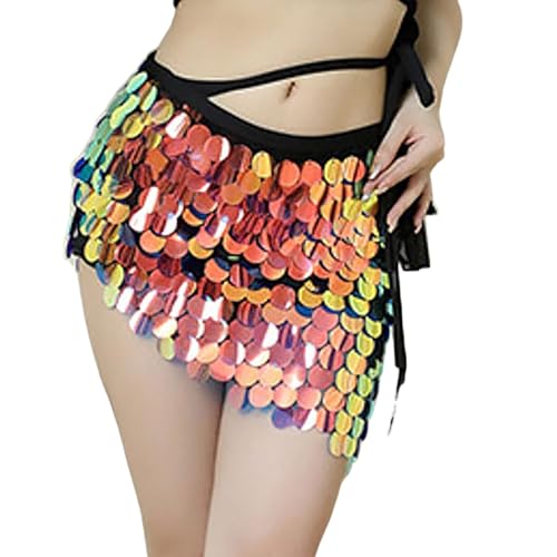 Damen Rock Pailletten Quasten Rock Rave Rock Bauchtanz Kostüm Bauchtanz Mini Rock für Damen Mädchen Glitzer Rock Fransenrock Rock Hüftschal Karneval Kostüm Festival Fransen Röcke (C-Gold, XL) von Generic