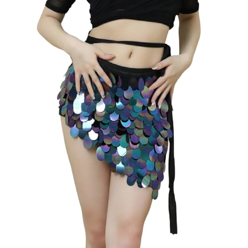 Damen Rock Pailletten Quasten Rock Rave Rock Bauchtanz Kostüm Bauchtanz Mini Rock für Damen Mädchen Glitzer Rock Fransenrock Rock Hüftschal Karneval Kostüm Festival Fransen Röcke (C-Navy, L) von Generic