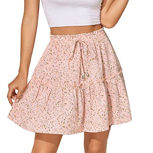 Damen Rock Sommer Chiffon Boho Rock Knielang Elegant Blumen Röcke Sommerrock Rüschen Rock Kurz Casual Minirock Elastische Hohe Taille Kordelzug A Linie Strandrock Rockabilly Rock Skater Skirts von Generic