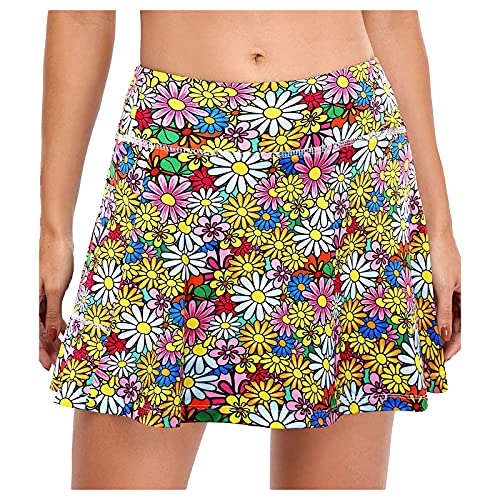 Damen Rock mit Hose Drunter Mode Kurz Tennisrock Gedruckter Sport Röcke Minirock Hohe Taille Tennis Skort mit Taschen A-Linie Golfrock Mini Sommerrock Running Yoga Skirt Gelb L von Generic