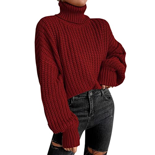 Damen Rollkragenpullover Winter Elegante Einfarbiger Strickpullover Langarm Pulli Warmes Stricken Gestrickter Pullover Pullover Damen Strickpullover Oversize Zopfmuster Pullover Damen Rollkragen von Generic